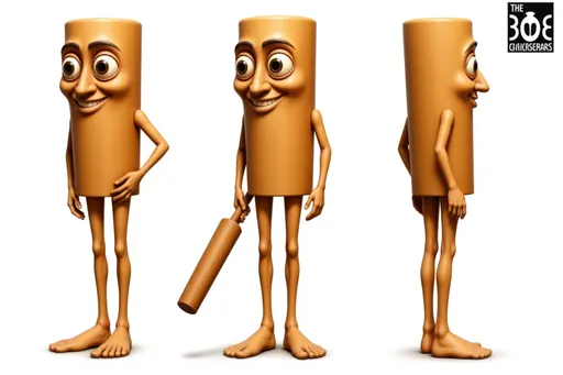 Prompt: A full-body character sheet of 3D cartoon anthropomorphic baseball bat 350705bc with brown cylindrical body with large eyes, wide smile, long limbs, holding a bat displayed in three clear views on a clean white background, arranged in a three-column grid pattern with equal spacing and importance. Left panel: front view showing complete anatomical details and outfit. Center panel: perfect 90-degree side view (profile) clearly showing the character's side silhouette, facial profile, and outfit from a direct lateral perspective. Right panel: back view revealing posterior details Each view maintains consistent scale, lighting, and full-body presentation from head to toe. All three perspectives must be equally detailed and given equal prominence in the composition.