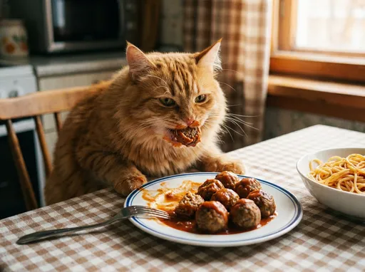 Prompt: a cat eats meatballs