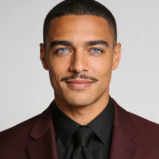 Prompt: This is a photograph of a man with a medium-dark skin tone and short, closely-cropped black hair. He has a well-groomed, thin mustache connected to a small goatee. His expression is calm and slightly serious, with his light blue eyes looking directly at the camera. He has a strong jaw line with expressive dimples. He has medium thick eyebrows with a natural arch. He is wearing a dark maroon, single-breasted suit jacket with a black dress shirt underneath. His black tie is textured and knotted neatly at the front. The background is a plain, light gray color that keeps the focus on his face. The lighting is soft and even, avoiding harsh shadows while still preserving the natural texture of his skin — including subtle pores, fine lines, and realistic details. The overall style of the photograph is minimalistic and contemporary, emphasizing a natural, authentic look. The image is centered on his face with a close-up perspective that fills most of the frame, keeping him as the primary focus. He has no visible makeup, maintaining a fresh and realistic presentation. The image has a crisp and clear quality, with sharp details and balanced colors.