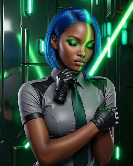 Prompt: This is a highly detailed, digital CGI artwork depicting a strikingly beautiful Black woman with a sleek, futuristic appearance. She has smooth, dark brown skin and a slender, toned physique. Her hair is a vibrant, glossy blue bob cut that frames her face, adding a sci-fi element to her look. She wears a form-fitting, short-sleeved, gray uniform shirt with black accents on the sleeves and collar, and a dark green tie. Her outfit is completed with black leather gloves that add a touch of edginess. 

Her makeup is bold, featuring bright green eyeshadow that matches the green light beam illuminating her face from the right side. Her eyes are closed, and she has a serene, almost contemplative expression. She is touching her chin with her right hand, while her left hand rests on her chest. The background is a dark, metallic green with reflective surfaces, adding to the futuristic atmosphere. There is a green, neon light beam cutting across her face and hair, enhancing the sci-fi aesthetic. The image has a high level of detail and realism, with a focus on vibrant colors and sharp contrasts, typical of high-quality digital art.
