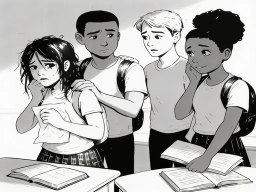 Prompt: Subtly refine facial features and micro-expressions in this grayscale teen workbook illustration while preserving the same composition, art style, and lighting. Increase emotional specificity without exaggeration.

Give each character slightly more distinct facial structure: vary eye shapes and eyelid thickness, subtly adjust brow density and curvature, slightly differentiate jawlines and nose shapes so proportions are not uniform.

Enhance micro-expressions gently: add a slight tightening to the distressed girl’s lower eyelids and a faint crease between her brows; slightly increase the inner brow tilt of the boy touching her shoulder to emphasize concern; soften the blonde boy’s mouth tension; add a subtle warmth and gentler curve to the supportive girl’s expression.

Introduce very slight natural asymmetry in features (one brow slightly higher, minor mouth corner variation) so faces feel organically drawn rather than perfectly balanced.

Maintain soft grayscale shading and calm, workbook-appropriate tone. Avoid exaggeration or dramatic stylization.