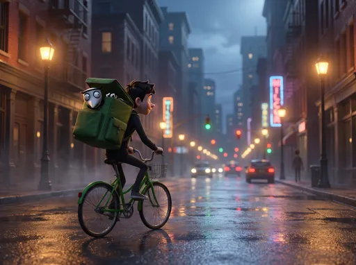 Prompt: @Bfmjzw13MifMYPcSDN7k @cBoWSFPzXeRL1Xy4ceD6 cody is riding his green bike. no pizza boxes. @cBoWSFPzXeRL1Xy4ceD6 is in his green backpack. all you see is his eye's. They are riding in in the city at night time