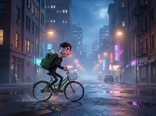 Prompt: @Bfmjzw13MifMYPcSDN7k @cBoWSFPzXeRL1Xy4ceD6 cody is riding his green bike. no pizza boxes. @cBoWSFPzXeRL1Xy4ceD6 is in his green backpack. all you see is his eye's. They are riding in in the city at night time