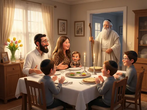 Prompt: @cl04D82ppWvhC7Q1Xqyy as a pixar-style family celebrating passover with round shmurah matzah and @nOYCROAuBle6RMhiEWQD comes to visit the passover seder