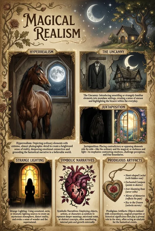 Prompt: This is a digitally created, detailed infographic titled "Magical Realism," featuring a blend of realistic and fantastical elements. The background is a rich, textured, parchment-like surface adorned with floral and vine patterns, giving it an old-world, enchanted feel. The top of the image has a crescent moon and stars, with a small house and tree in the background on the right.

The infographic is divided into six sections, each labeled with a key characteristic of magical realism. 

1. **Hyperrealism**: A photograph-like depiction of a brown horse standing near a small window with a full moon visible outside, accompanied by text explaining its role in emotional storytelling.
2. **The Uncanny**: A drawing of a dark suit with a white shirt hanging on a wall, next to a house with a crescent moon above it, highlighting the unsettling yet familiar elements.
3. **Juxtaposition**: An illustration of a brown horse in a dark, shadowy room next to a brightly lit window with a full moon outside, emphasizing contrasting emotions.
4. **Strange Lighting**: A silhouette of a person standing in front of a brightly lit window, with the rest of the room in shadow, creating an eerie, mysterious atmosphere.
5. **Symbolic Narratives**: A heart with a broken section, surrounded by vines and leaves, symbolizing emotional pain.
6. **Prodigious Artifacts**: A small, detailed illustration of a heart-shaped locket with a rose, accompanied by a list of heart-related items. uses a mix of realistic and stylized illustrations, with a color palette of earthy tones and soft, warm lighting. The text is elegant and old-fashioned, enhancing the magical realism theme.