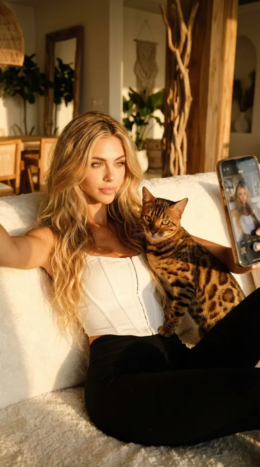Prompt: I want this girl sitting on a white fluffy couch in her Luxe villa with her bangel cat taking a selfie close up, shes in a white corset top and black leggings, Shot on Fujifilm X-T30, 35mm lens and its golden hour 