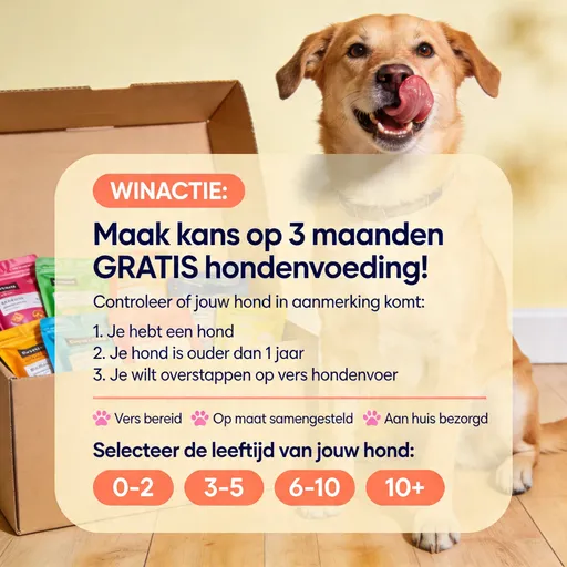 Prompt: Social media advertisement, 1:1 square ratio. Full background is a photorealistic photograph of a happy dog sitting next to an open cardboard subscription box filled with colorful food pouches and packets on a light wooden floor, warm cream colored wall behind, the dog is licking its lips looking excited, bright warm studio lighting, clean and premium feel, slightly blurred as backdrop. In the center a large warm cream colored rounded rectangle card in hex #FAF0DC with subtle drop shadow covering about 70% of the image. Inside the card at the top a rounded coral orange badge in hex #E07058 with bold white text "WINACTIE:". Below in large bold dark navy text in hex #1B365D "Maak kans op 3 maanden GRATIS hondenvoeding!". Below in smaller regular dark navy text "Controleer of jouw hond in aanmerking komt:". Below in clean dark navy text a numbered list: "1. Je hebt een hond", "2. Je hond is ouder dan 1 jaar", "3. Je wilt overstappen op vers hondenvoer". Below a thin light coral divider line. Below in small dark navy text three benefits side by side with small pink paw print icons: "Vers bereid", "Op maat samengesteld", "Aan huis bezorgd". Below in bold dark navy text "Selecteer de leeftijd van jouw hond:" below four rounded buttons side by side in coral orange hex #E07058 with bold white text "0-2", "3-5", "6-10", "10+". All buttons same size. Warm cream and coral color scheme throughout, bold clean sans-serif typography, no people, professional direct-response ad style, 1:1 ratio