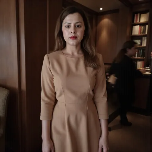 Prompt: Use Ainsha_v2 as the model, who is same person as trained model, elegant corporate woman, wearing a mocha brown A-line midi dress with three-quarter sleeves, structured fitted bodice and flared skirt, clean minimal design with subtle waist detail, tailored silhouette, soft natural movement in skirt, natural polished makeup, soft foundation, subtle contour, defined eyes, well-groomed brows, soft glowing skin, muted rose lipstick, elegant natural lips, standing in a warm-toned library interior with wooden bookshelves filled with books behind, relaxed confident posture, slight natural movement in dress, full body shot from head to toe, natural balanced proportions, subject in sharp focus, background softly blurred, soft warm indoor lighting, realistic skin texture, 50mm lens, high detail, instagram style