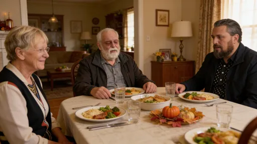 Prompt: Make a scene with these three talking around a dinner table at home.  Make the old man look just a little sick.  No hat's and make the outfits different

 
