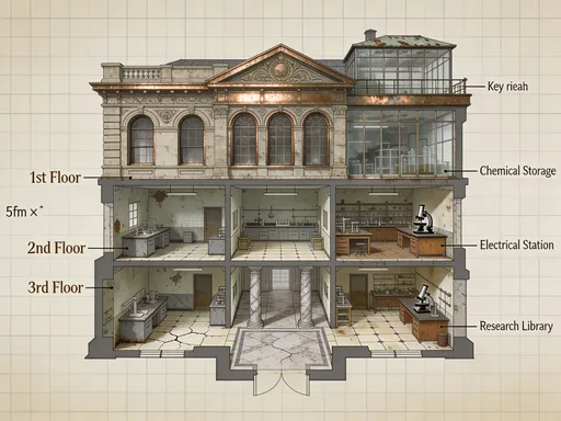 Prompt: An RPG battlemap of a 3 story science building from the 1920s, it should be ornate on the outside, aging with labs. I need a floor plan and a grid based map
