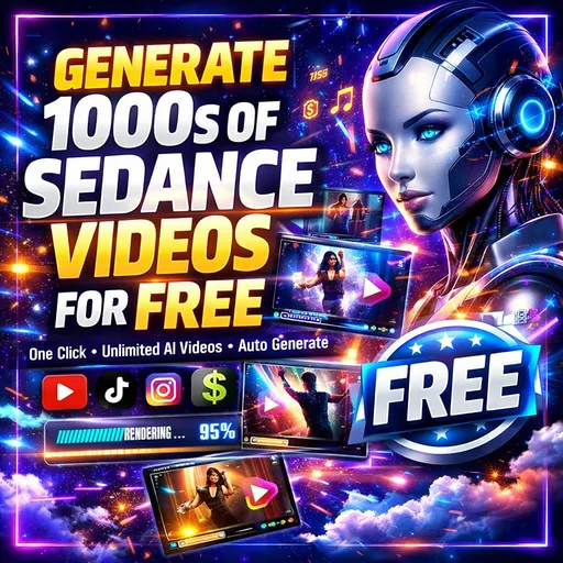 Prompt: Create a viral 1:1 futuristic AI thumbnail with a dark neon purple and blue background. Massive glowing 3D text in bold yellow and white saying:

“GENERATE 1000s OF SEDANCE VIDEOS FOR FREE”

Add smaller glowing subtitle:
“One Click • Unlimited AI Videos • Auto Generate”

Design elements:

* Sparkling particles and electric energy effects
* AI futuristic dashboard interface
* Multiple cinematic video frames floating in air
* Neon play buttons and render progress bars
* Hologram style effects
* Glowing clouds and motion streaks
* Luxury tech aesthetic
* Bright lens flares and reflections
* Viral YouTube style composition

Include:

* AI robot or digital assistant
* Video reels exploding from screen
* Dollar symbols and FREE badge
* Trending social media icons
* Stylish glowing borders

Style:
Ultra detailed, cinematic lighting, glossy 3D typography, high contrast, modern tech branding, vibrant sparks, premium editing style, viral social media thumbnail, 8k quality.