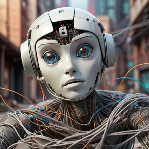 Prompt:  ROBOT ENTANGLED IN WIRES, FIBERS, THREADS, AND THIN NETTING DISABLED LAYING ON GROUND IN FUTURISTIC CITY BATTLEFIELD
