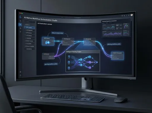 Prompt: AI-native workflow orchestration studio, no-code visual flow builder for enterprise operations, drag-and-drop workflow nodes connecting ERP systems, EDI integrations, APIs and partner ecosystems, intelligent routing engine visualization, futuristic orchestration canvas, advanced operational automation dashboard, dark enterprise UI aesthetic, modern SaaS platform interface, glowing workflow paths, ultra realistic product visualization. 