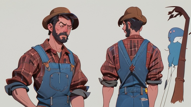 Prompt: Earl "Two-Boot" Jenkins, lanky Southern country man in his late 40s, friendly face, scruffy brown beard, weathered skin from years outdoors, lazy but lovable expression, oversized straw hat, red plaid shirt with rolled sleeves, worn denim overalls, one brown leather boot and one black leather boot that do not match, suspenders, fishing pole in hand, slightly slouched posture, curious eyes, humorous cartoon proportions, expressive face capable of exaggerated reactions, American comic sketch style, Southern folktale cartoon hero, full character turnaround sheet, front side and back views, expression sheet showing confused, surprised, happy, embarrassed and thoughtful emotions, white background
