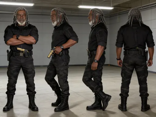 Prompt: @iz8XRTPL72nKl4m36cZd is wearing a tactical black camoflauge cargo outfit with his sleeves rolled up his arms and wearing black boots and holsted gold and black 9 mm and a black watch.  show 4 different full body angles  