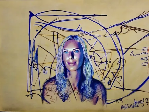 Prompt: a drawing of a woman made with scribbles and messy lines,blue ballpoint,monochrome