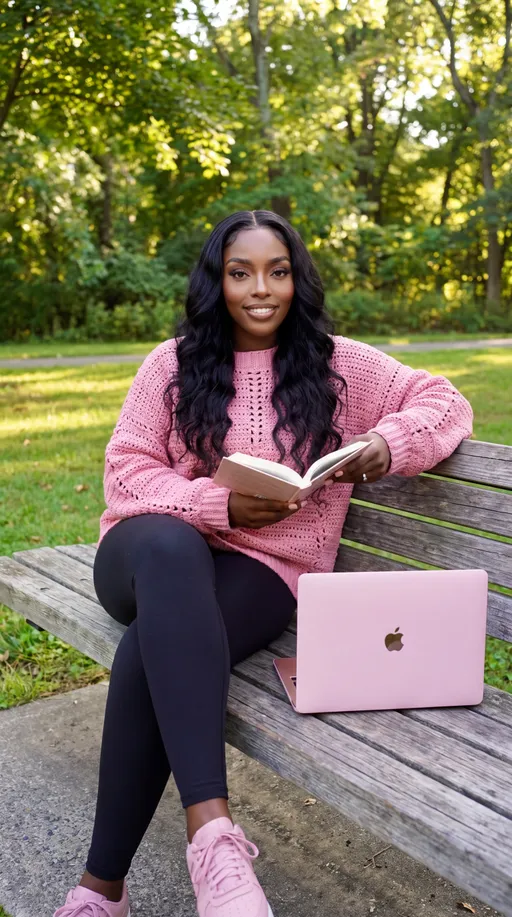 Prompt: Create a realistic, full-body portrait of the same woman in the reference photo. Preserve her facial features, warm brown skin tone, smile, and overall identity. Give her long, beautiful black wavy hair. She is sitting comfortably on a park bench, reading a book. She is wearing an oversized pink crochet sweater, black leggings, and pink sneakers. Place her pink MacBook Air beside her on the bench. Show a peaceful, green park in the background with soft natural daylight. Make the image feel warm, relaxed, and inspiring, with realistic details and natural proportions.

Do not change her face or skin tone. No straight or wavy hair, no extra fingers, no distorted hands, no blurry face, no misspelled text, no duplicate people, no extra laptops.