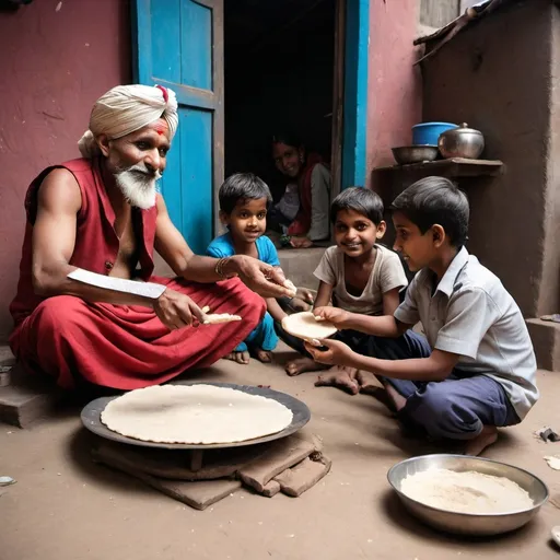 Prompt: Create a picture of an Indian street magician in preparation of his magical act is practicing his magical act using some magical equipment and wand. Within the same composition is seen his kids watching him with joy and excitement learning the craft. On the side is seen his wife making rotis for the family She wears a traditional Indian clothing typical to slums. the scene takes place inside their house in the slum, but captured from outside.