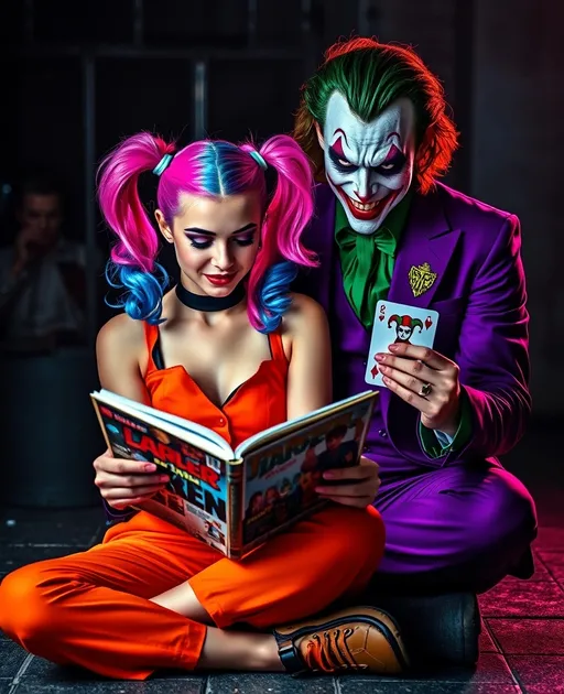 Prompt: In a playful yet sinister atmosphere, a young woman styled as Harley Quinn sits cross-legged, engrossed in a colorful comic book, her vibrant blue and pink pigtails framing her face. She wears an orange jumpsuit that contrasts dramatically with the dark, moody background, hinting at a chaotic urban environment. Beside her, the iconic Joker looms, his makeup exaggerated with stark whites, deep reds, and greens, wearing a purple suit and holding a card that features a familiar jester motif. The lighting casts an eerie glow, particularly on the card and Harley's face, enhancing the mischievous ambiance and suggesting a playful yet dangerous alliance between the two characters. The scene bursts with comic book energy, encapsulating a narrative of chaotic romance and villainy.
