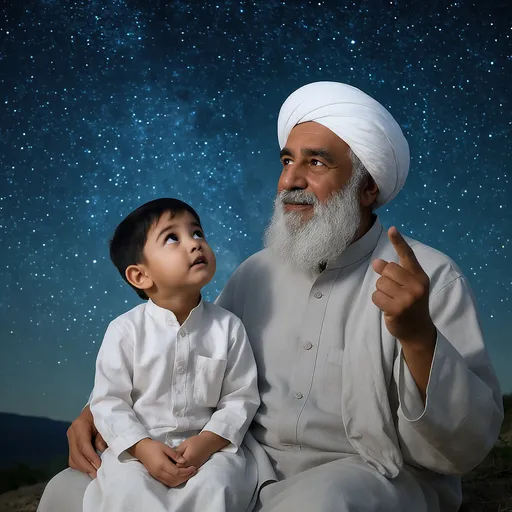 Prompt: This is a digitally rendered photograph featuring an elderly man and a young boy sitting together under a starry night sky. The man, who has a full white beard and is wearing a white turban and light grey traditional long-sleeved shirt, sits on the right. He is gently pointing upwards with his right index finger, his expression calm and contemplative. The young boy, with short black hair and wearing a white traditional outfit, sits on the man's lap to the left, looking up at the sky with wide, curious eyes. The background is a deep blue, filled with countless stars and a visible Milky Way, adding a magical and serene atmosphere to the image. The ground beneath them is slightly blurred, suggesting they are sitting on a hill or elevated surface. The textures in the image are smooth and realistic, with the fabric of their clothing appearing soft and the stars in the sky sparkling brightly. The lighting is soft, emphasizing the gentle and peaceful moment shared between the two figures. The overall style of the image is photorealistic, capturing a tender and reflective moment in a picturesque, celestial setting.