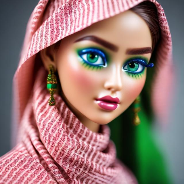 Prompt: beautiful plastic 3d-modeled Palestine Barbie doll wearing Keffiyeh. Plain solid background. Ultra high quality model (green eyes, beautiful face, pink and green eye makeup, highly detailed face, big beautiful eyes) professionally color graded, photorealism, 8k, studio lighting