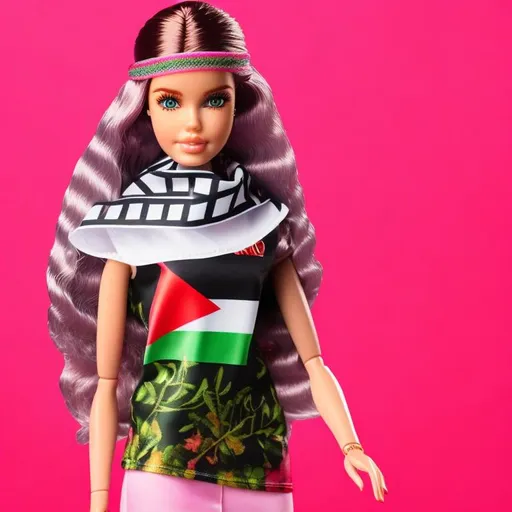 Prompt: beautiful plastic 3d-modeled Barbie doll. Long Pink-blonde hair. wearing traditional white and black realistic keffiyeh, kafiyuh, scarf. Wearing a palestine flag graphic t-shirt. Plain solid background. Ultra high quality model (long pink hair, green eyes, beautiful face, black and white keffiyeh, highly detailed kufiyah, pink and green eye makeup, highly detailed face, big beautiful eyes, detailed perfect Palestine flag t-shirt), professionally color graded, photorealism, 8k, studio lighting
