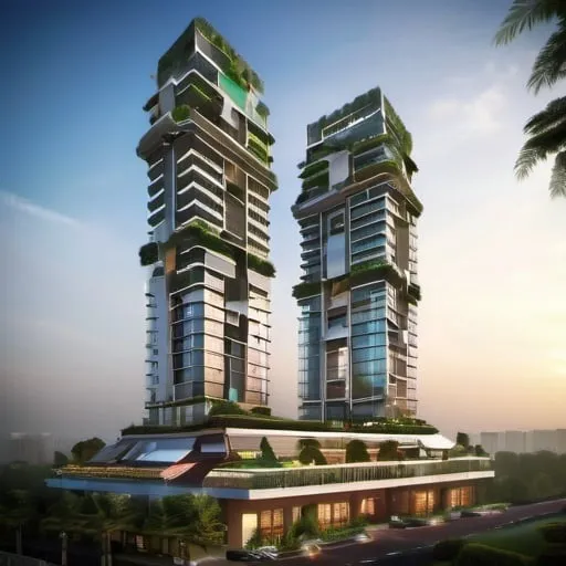 Prompt: twin tower building in gurgaon sector 56 haryana india, 24 feet lobby, 3 floor club house on top of lobby and then the separate 20 floor twin tower start on top of club house and which connect both of the tower on top floor and have some greenery on it, realistic image
