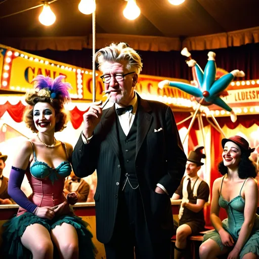 Prompt: David Lynch with (traveling carnival performers), bearded lady, contortionist, little person, geek, giant, trapeze artist, all laughing and smoking cigarettes, (warm, nostalgic lighting), vividly capturing camaraderie, vintage attire, appropriate to the Depression era, (highly detailed, 4K), whimsical, playful atmosphere, vibrant colors with a soft, grainy finish, emphasizing age and experience.