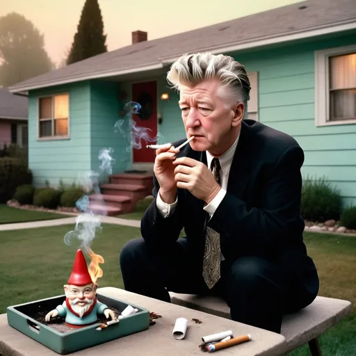 Prompt: (David Lynch smoking a cigarette), vintage 1950s suburban home, lawn gnome used as an ashtray, soft pastel colors, nostalgic ambiance, surreal mood, ethereal lighting, detailed facial expression, relaxed pose, high-quality image, cinematic composition with intricate background features, charm of classic Americana, whimsical and peculiar elements.