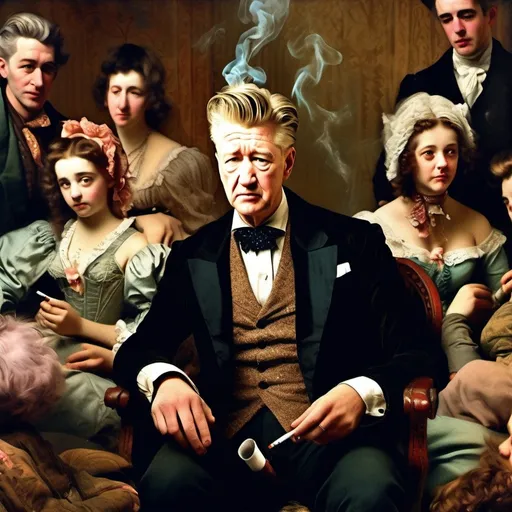 Prompt: Rococo era portrait of David Lynch smoking a cigarette with a group of little people, oil painting, Depression era clothing