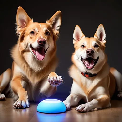 Prompt: 2 happy dogs playing with interactive dog-accessories with ledlights made of durable silicone