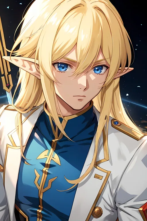 Prompt: male elf, blonde hair, blue eyes, studio sunrise style, like Gundam Seed masterpiece,8k