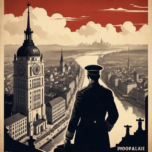 Prompt: Create a imperialist propaganda poster that has a European city in the background along with imperial iconography. With the timeline in the 1920s.