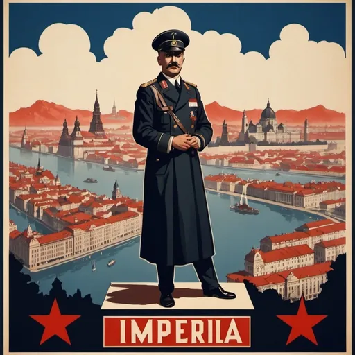 Prompt: Create a imperialist propaganda poster that has a European city in the background along with imperial iconography. With the timeline in the 1920s.