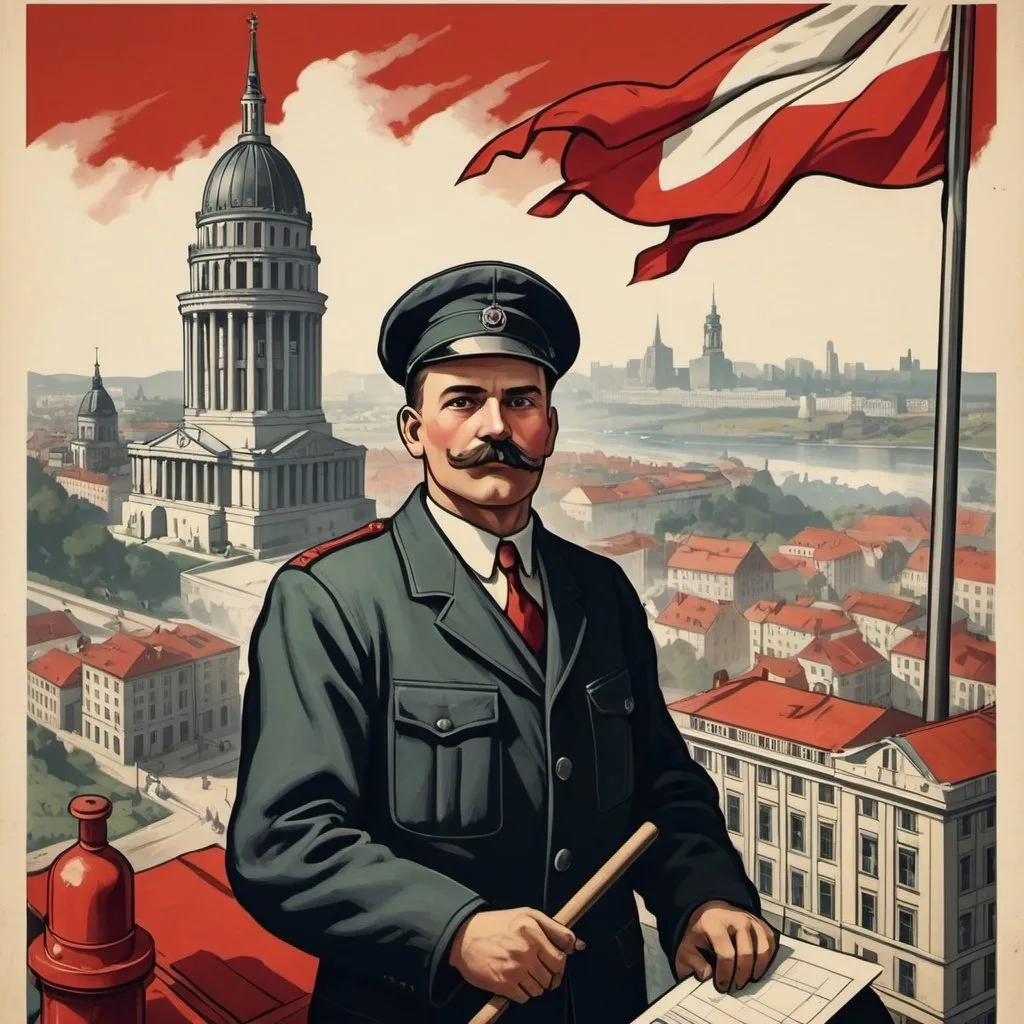 Prompt: Create a socialist propaganda poster that has a European city in the background along with socialist iconography and a worker. With the timeline in the 1920s.