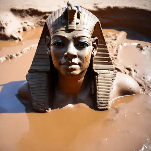 Prompt: Egyptian Pharaoh stuck in warm gooey mud 