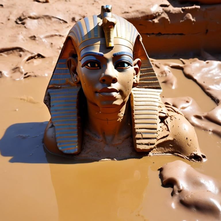 Prompt: Egyptian Pharaoh stuck in warm gooey mud 