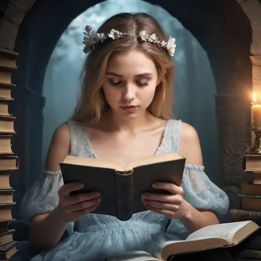 Prompt: a fantasy image of a young woman reading a book