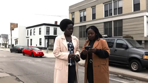 Prompt: a couple of people that are standing on a street corner together, one is holding a cell phone and the other is holding a cell phone, Ada Gladys Killins, lyco art, denoised, a photocopy