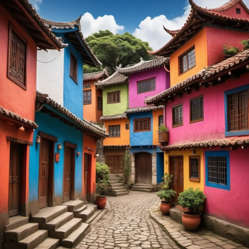 Prompt: create a image that shows the differences between traditional houses around the world, like china, índia, Portugal, France, Australia, Senegal, Japan, méxico, perú, colombia, etc
