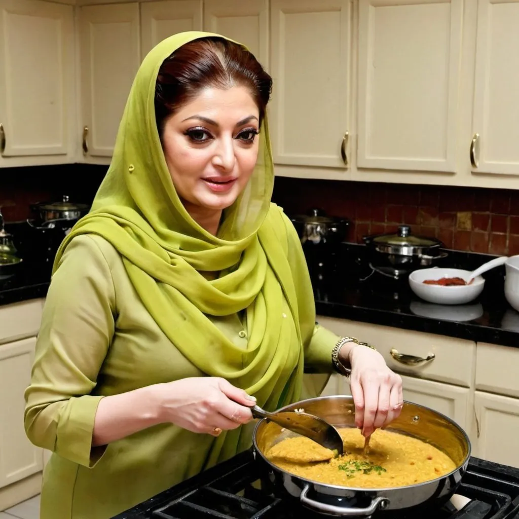 Prompt: Maryam Nawaz in kitchen cooking dal