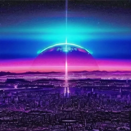 Prompt: photo realistic. looking down through a large futuristic city toward the horizon at night.  large moon in the background. bright vivid colors with an 80's neon color palette. 