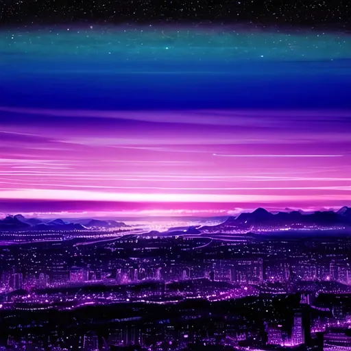 Prompt: photo realistic. looking down on a large futuristic city toward the horizon at night.  large moon in the background. bright vivid colors with an 80's neon color palette. lots of purple and teal. 