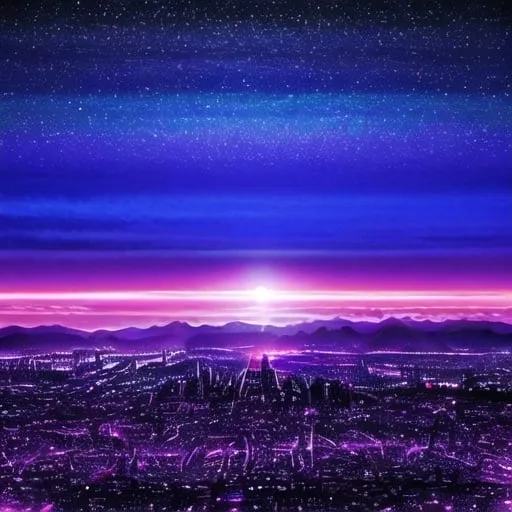 Prompt: photo realistic. looking down on a futuristic city toward the horizon at night.  large moon in the background. bright vivid colors with an 80's neon color palette. lots of purple and teal. 