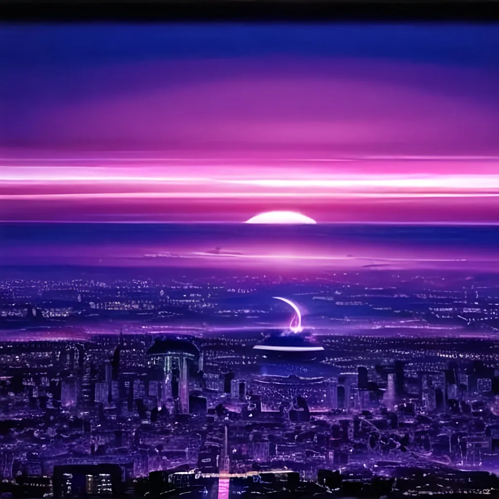 Prompt: photo realistic. looking down on a large futuristic city toward the horizon at night.  large moon in the background. bright vivid colors with an 80's neon color palette. 