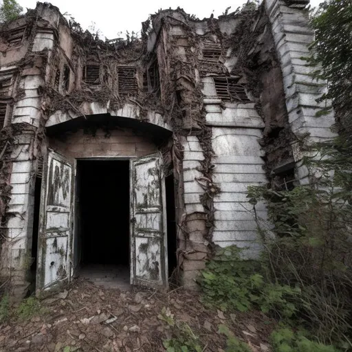 Prompt: I am standing close to the secret, hidden entrance to a dark, evil -looking, dilapidated fortress. 