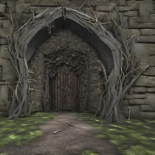 Prompt: I am standing close to the outside wall and next to a secret, hidden entrance to a dark, evil -looking, castle. Broken, dead tree debris help hide the entrance

