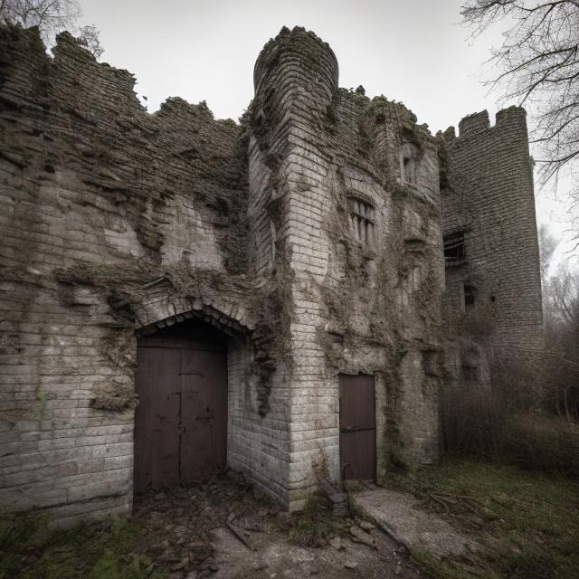 Prompt: I am standing close to the secret, hidden entrance to a dark, evil -looking, dilapidated castle. 