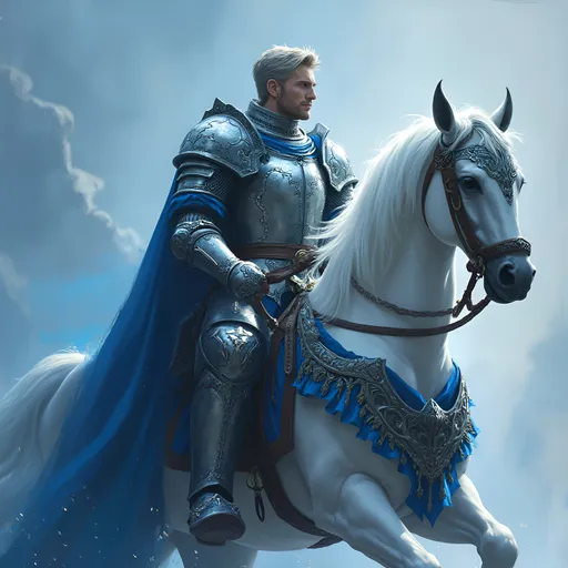 Prompt: A gallant knight sits on his warhorse
Magical knight
Magical horse
Powerful hero
Adventurer
Dungeons and Dragons character art
Fantasy character
Handsome masculine hero
Brave knight 
Well equipped 
Intricately crafted gear
Finely detailed
Wonderful
Attractive 
Beautiful horse
Astride a horse
Horse is white and silver colored
Sitting on a warhorse 
Powerful and commanding
Magical armor and weapon
High fantasy 
Photorealism
Very detailed
Vivid
Clear
Extremely realistic
Meticulously detailed
Highly embossed and richly crafted armor
Horse is vivid and clear
Blue and silver theme
Runed armor
Magical aura