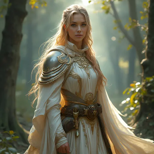 Prompt: A beautiful priestess stands 
Magical cleric
Magical world
Powerful hero 
Adventurer
Dungeons and Dragons character art
Fantasy character
Handsome feminine woman
Brave and confident
Well equipped 
Intricately crafted gear
Beautiful white and gold robes
Finely detailed
Wonderful
Attractive 
Beautiful
Robe is white and silver colored
Wearing padded armor over the robe
Powerful and commanding
Magical robe 
High fantasy 
Photorealism
Very detailed
Vivid
Clear
Extremely realistic
Meticulously detailed
Highly embossed and richly crafted armor
Dress is vivid and clear
White and gold theme
Forest setting 
Not posing for a picture
Magical aura